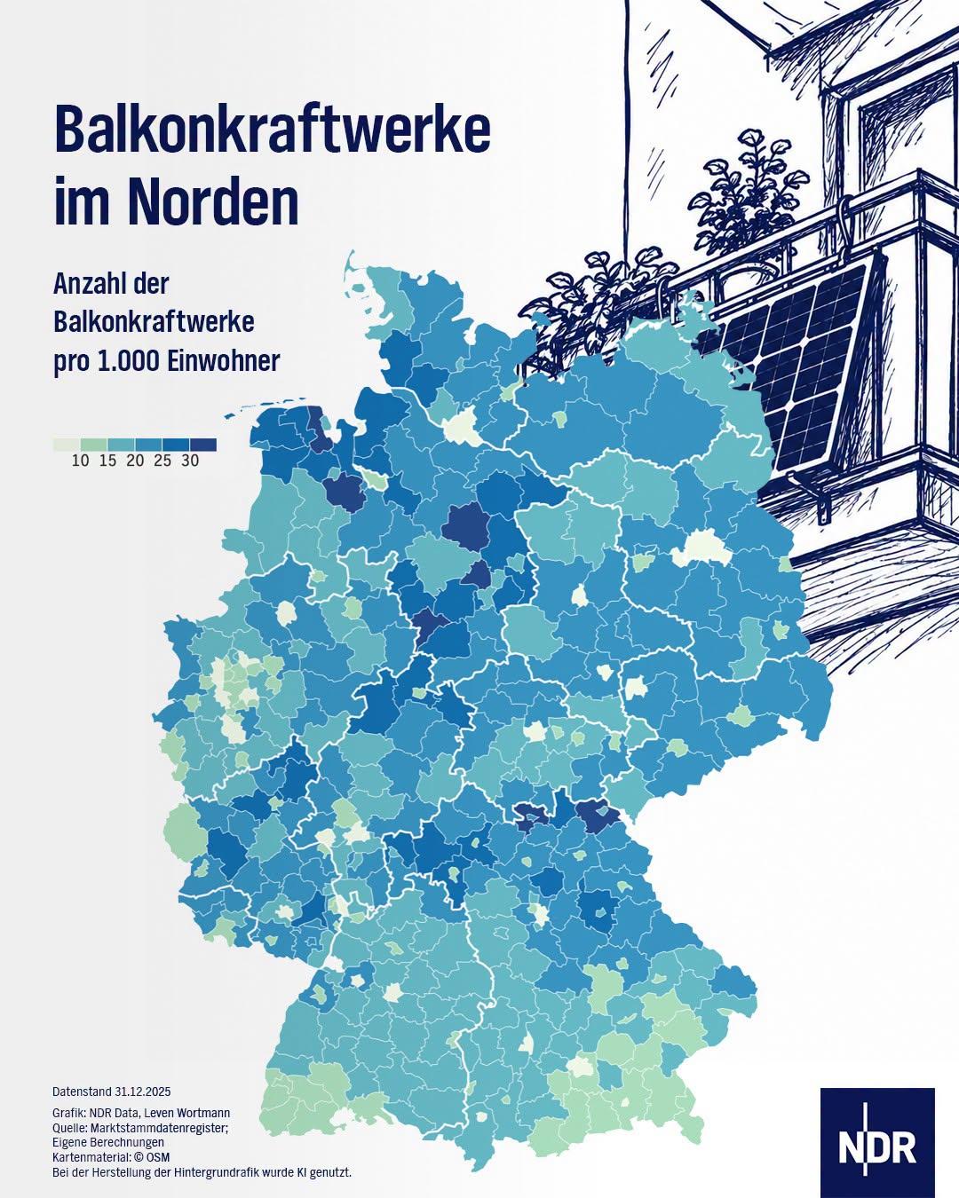 Die Grafik zeigt eine Deutschlandkarte auf die verschiedene Regionen unterschiedlich farblich markiert sind, um zu demonstrieren, wo es die meisten Balkonkraftwerke gibt.